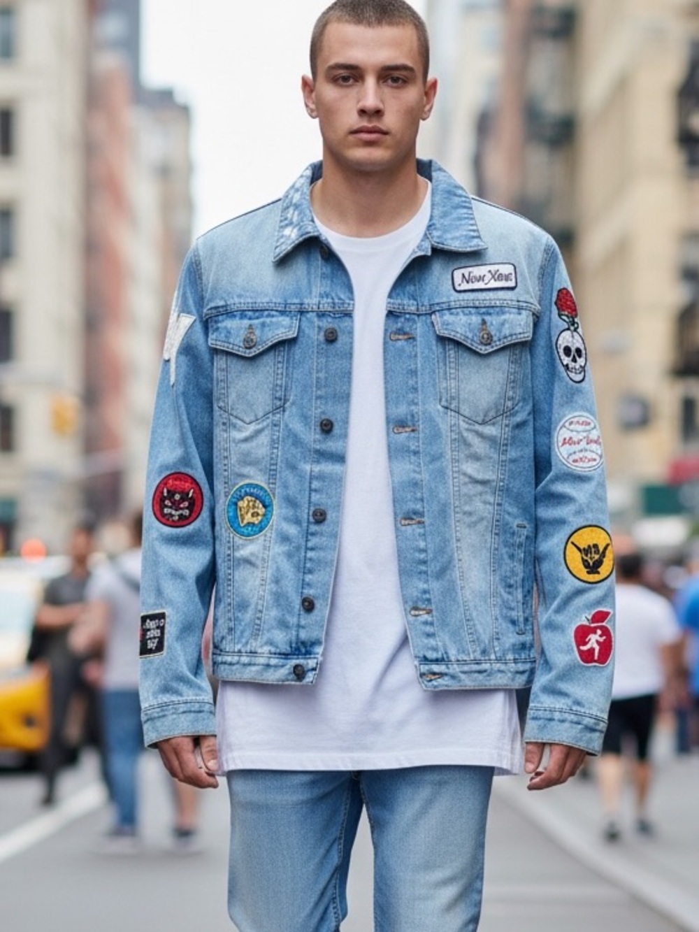 Brooklyn Cloth NYC  Denim Jean Jacket Patchwork Embroidered Trucker Big Apple